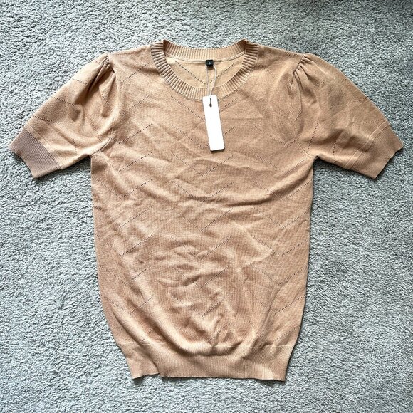 NEWSHOWS | Womens Short Sleeve Sweater Top Lightweight Knit Shirt | Khaki | S - Picture 4 of 9